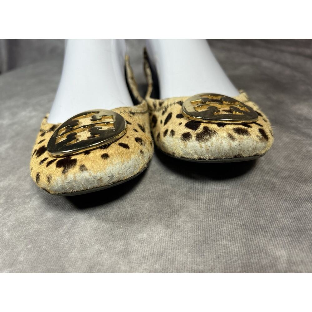 Tory Burch Reva Leopard Haircalf Ballet Flats Gold Logo Womens 6 - Picture 2 of 7